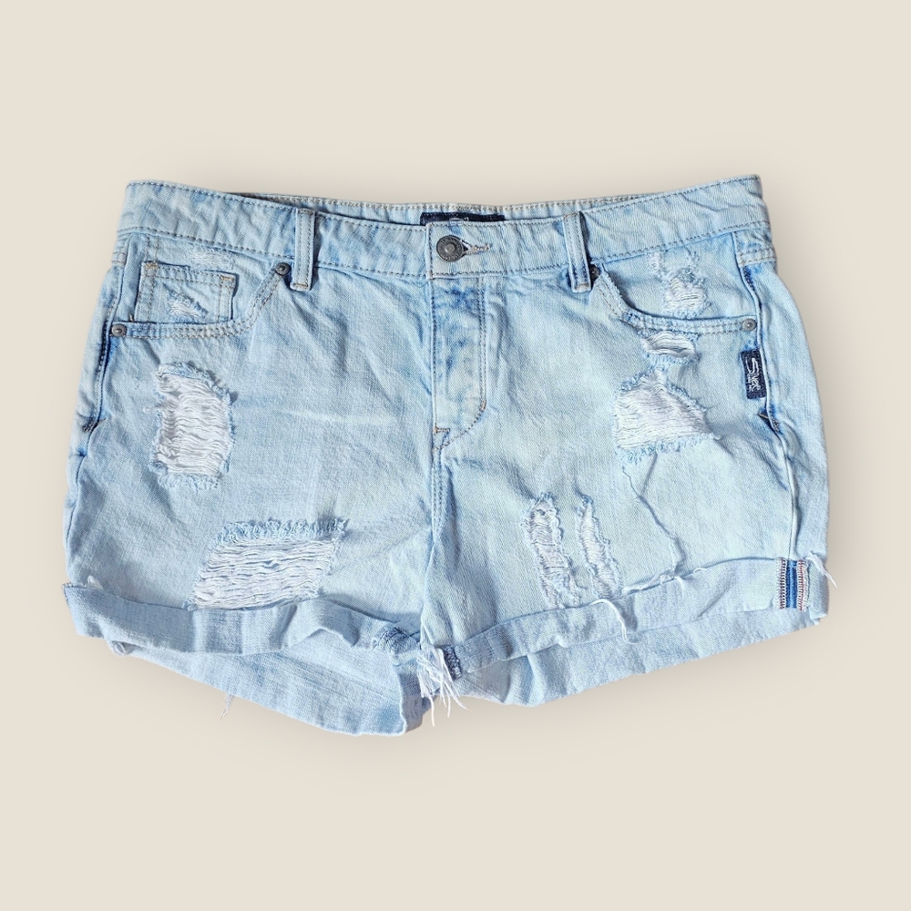 Vintage Silver Light Blue Distressed Denim Shorts 29 Waist